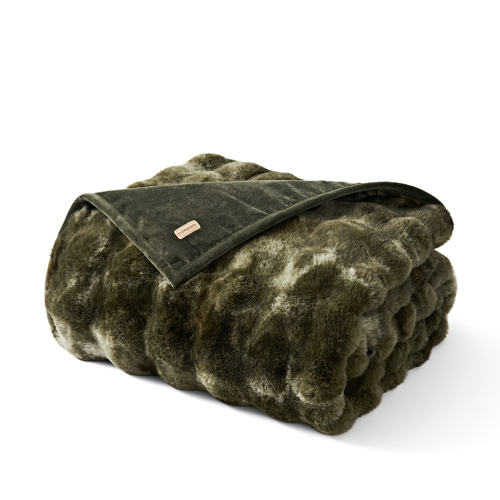Faux Fur Weighted Throw Blanket, 80" L x 60" W, Olive Marble