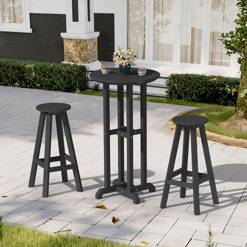 HDPE Outdoor Swivel Bar Stool & Round Table Set (3-Piece), Black
