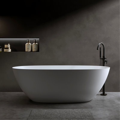 57″Solid Surface Matte Tub, Solid Surface Soaking Tub, Stone Resin Freestanding Bathtub, Thick Edge Stand Alone Tubs With Overflow, Pop-Up Drain, Matte White (Oval)