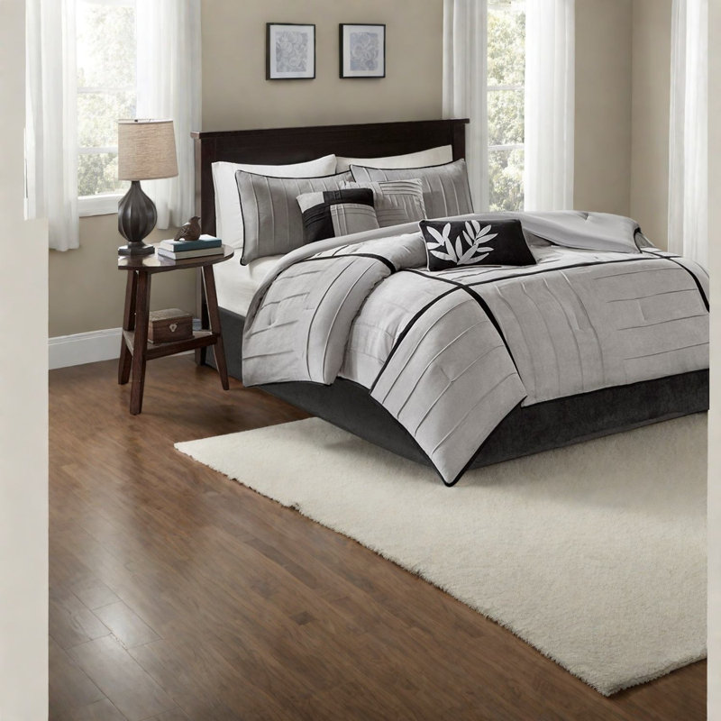 Premium 7-piece Grey King Bedding Set, Faux Suede, Modern Casual
