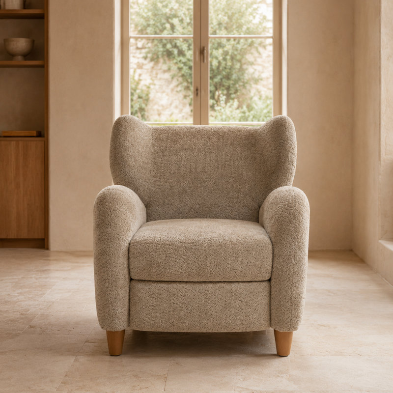 Chaise d'appoint moderne à dossier courbé avec fonction inclinable et repose-pieds, revêtement en chenille de teinte chameau neutre pour le salon, le bureau ou l'espace de loisirs