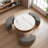 Modern Lift-Top Round Coffee Table With Hidden Storage, Walnut Veneer & Sintered Stone Top,3 Upholstered Nesting Ottomans, Space-Saving Design