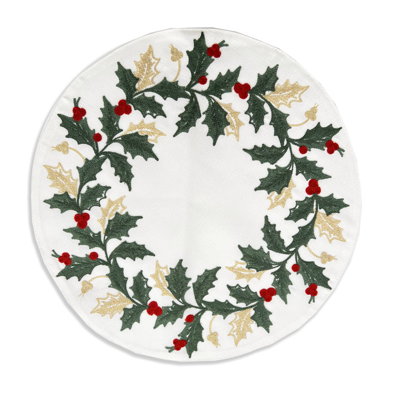 Holiday Embroidered White and Gold Fabric Placemats Set of 4