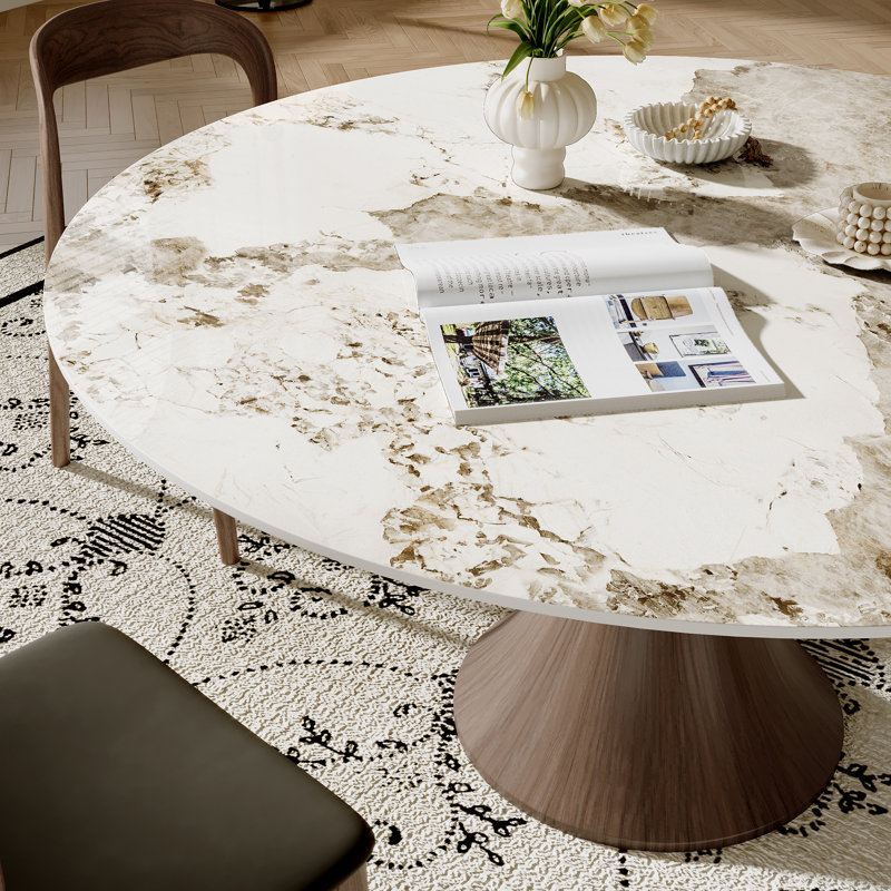 Stone Round Hower With 4/6 Premium Solid Wood Leather Dining Chairs, Sand, 29.52" H x 53.15" W x 53.15" D, 7