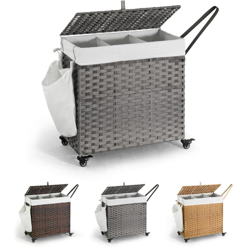 CAPHAUS Rattan Laundry Basket with Wheels, 140L-160L Capacity, Removable Liner Bags, 3colors, 26" H x 13" W x 25.4" D, Gray