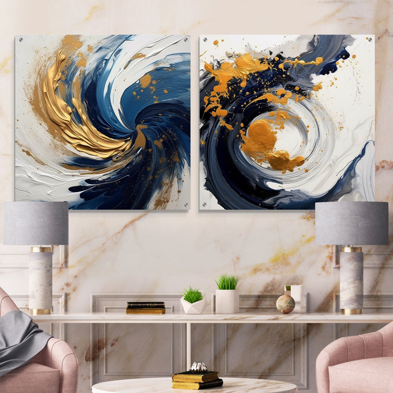 Ensemble de 2 verres muraux en acrylique bleu foncé et or à motif de fractales XXIII, H 16 po x l 33 po