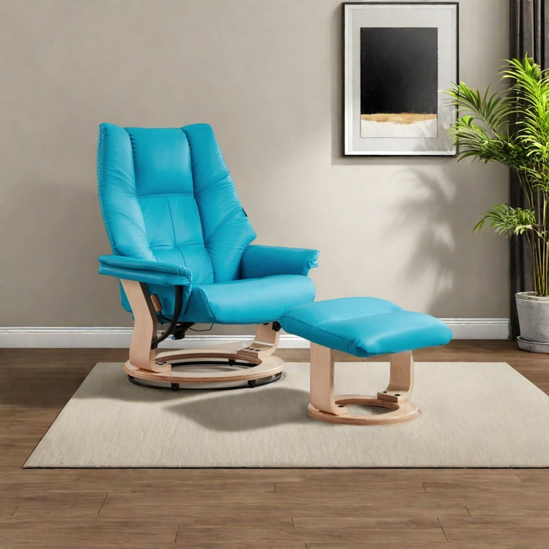 Chaise longue confortable en bois massif, Similicuir bleu, Naturel