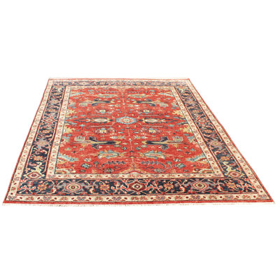 Hand Knotted Rust & Navy Wool Area Rug – Traditional Tribal Medallion Design