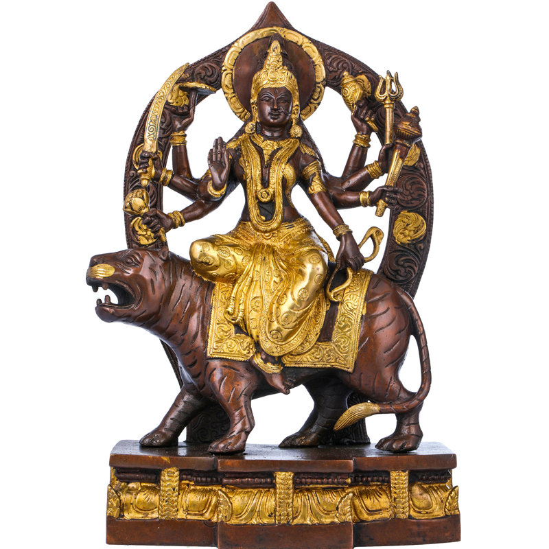 15" Simhavahini Devi Durga Brass Statue – Handmade Indian Eight-Armed Warrior Goddess Sculpture for Home Temple Decor