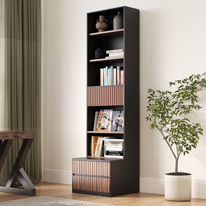 Selznick 85.8'' Tall Bookcase with Movable Footstool and Open Shelves Storage Drawers, Black/Brown