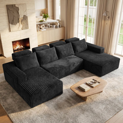 113"Black Corduroy Cloud Modular Boneless U-Shaped Sectional Sofa, Deep Seat Couch with 2 Chaises for Living Room