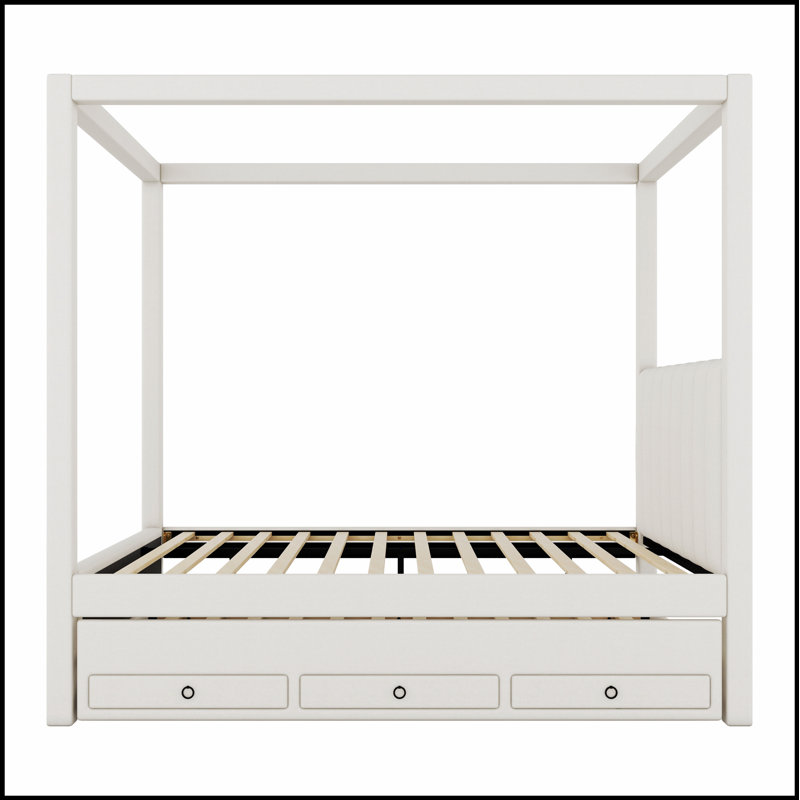 Lit plateforme à baldaquin avec lit gigogne et trois tiroirs de rangement, parfait pour les chambres modernes et un espace de couchage supplémentaire