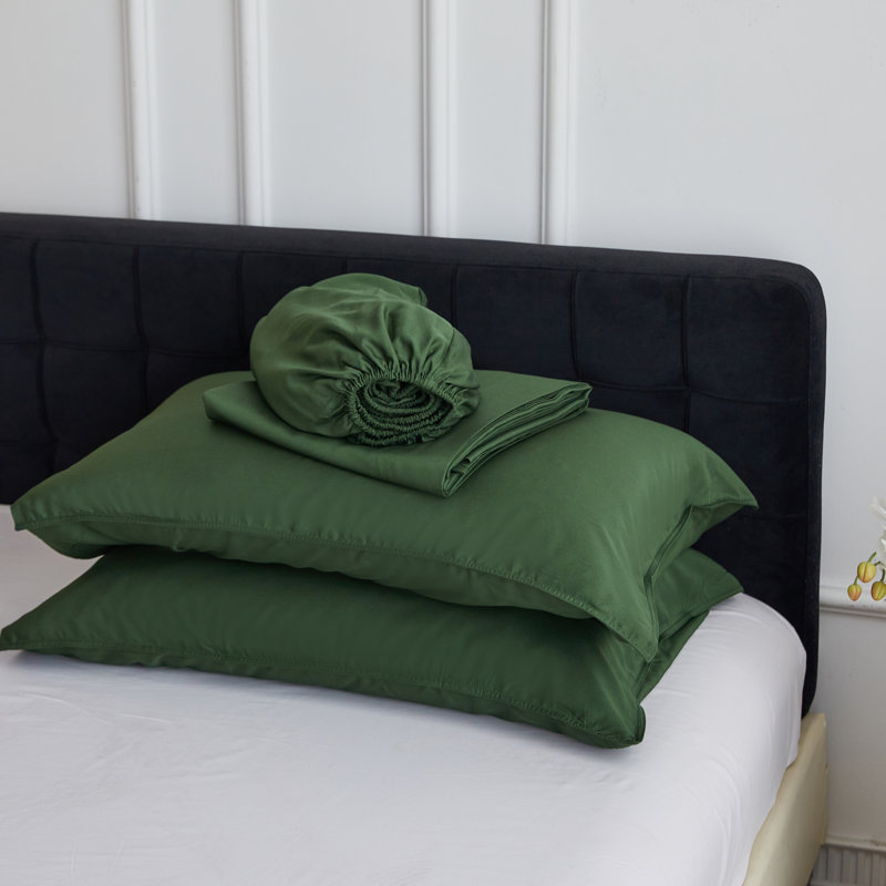 Ensemble de draps en rayonne de bambou, Vert foncé, Ensemble de draps pour lit double avec 2 taies d'o