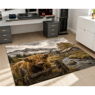Tapis imprimé paysage vache des Highlands, texture réaliste de fourrure animale, tapis de sol inspiré de la nature, antidérapant et lavable, idéal pour le salon, la chambre, le bureau, l'appartement.