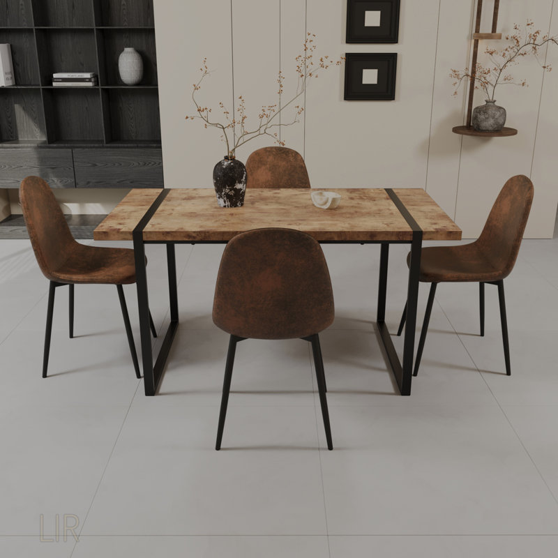 Ensemble de table de salle à manger rectangulaire en bois aggloméré 59 pouces et chaises en suède de style industriel moderne avec base en métal, parfait pour les cuisines et les salles à manger contemporaines