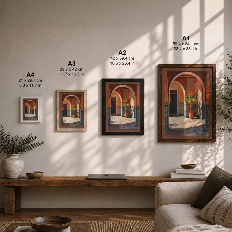 Mediterranean Courtyard Light Coastal - Framed Print, A1 - 84.1 x 59.4 cm, Black
