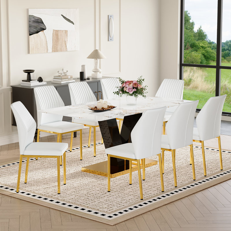 Ensemble de table de salle à manger moderne pour 8 chaises de cuisine de 71 po avec pieds en bois aggloméré en forme de V et chaises en cuir de polyuréthane