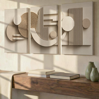 3 Pieces Exculisive Ivory Concentric Circle and Fluted Relief Large Wall Art Luxe Panorama, Canvas Decor for Living Room, Bedroom and Office
