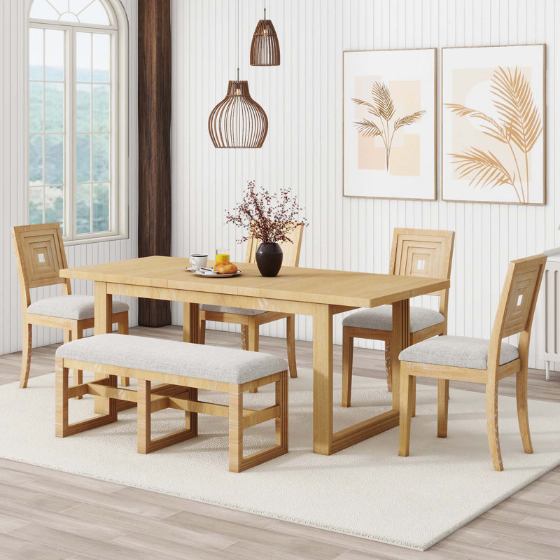 Modern 78inch 6-Piece Extendable Dining Table Set, Natural, Beige/Natural, Beige/Natural