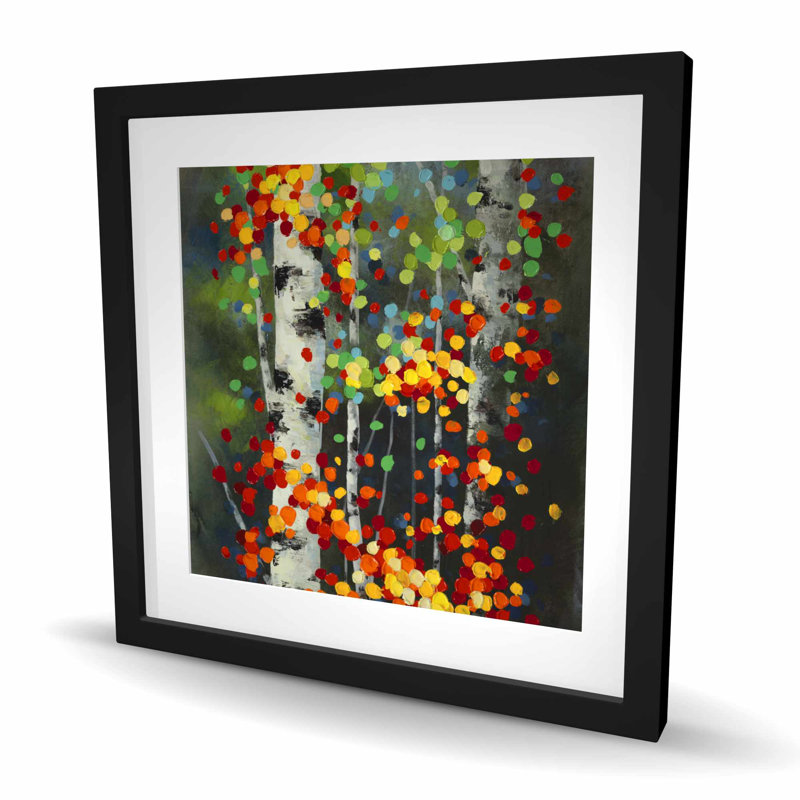 Bouleaux à feuilles colorées en pointillé | Impression encadrée avec passe-partout, H 24 po x l 24 po, Noir