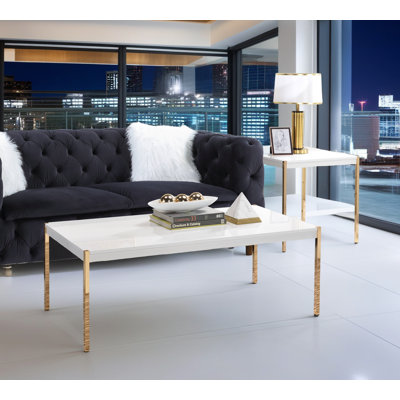 48" White & Gold Coffee Table – Minimalist Glam Design with Metal Legs