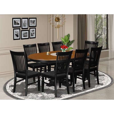 9-Piece Kitchen Dining Table Set includes a Dining Room Table with cherry round tabletop and 8 Wooden Kitchen Chairs with Slatted Back, Black