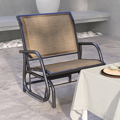Porch Glider, Metal Frame Swing Glider Chair With Breathable Mesh Fabric, Curved Armrests And Steel Frame For Garden, Poolside, Backyard, Balcony, Light Mixed Brown