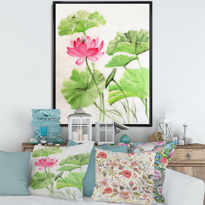 Lotus et libellule - reproduction sur toile, Toile avec cadre noir, H 40 po x l 30 po x P 1 po
