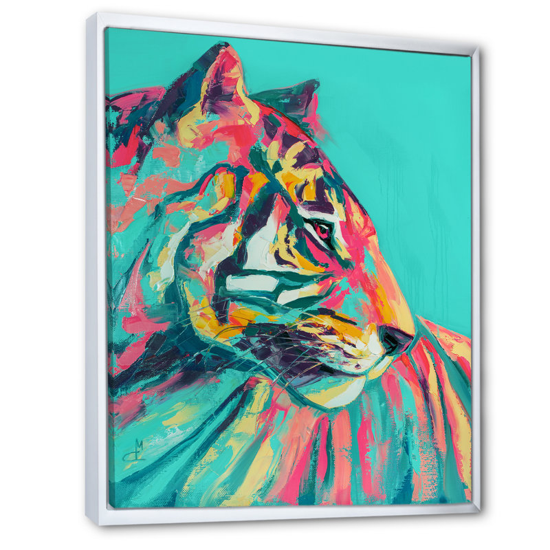 Pop Art turquoise et tigre rose - décoration murale moderne en toile, Toile avec cadre blanc, H 40 po x l 30 po x P 1,5 po