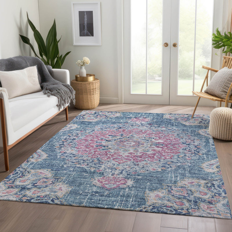 Tapis bleu intérieur / extérieur lavable à la machine Claudian ACN1236, Rectangle 9 pi x 12 pi