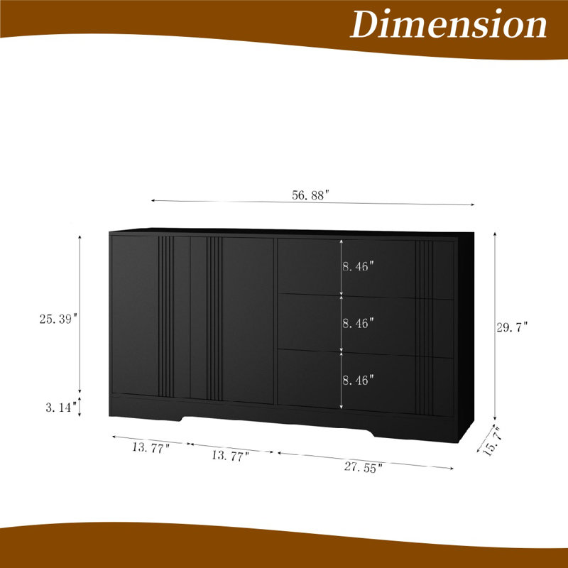 Buffet polyvalent avec 3 tiroirs et 2 portes doubles, Noir