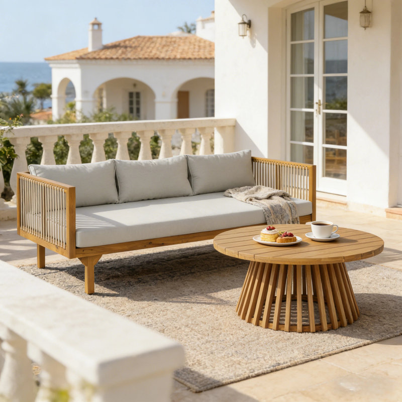 Hurst Outdoor 2-Piece Acacia Wood Conversation Set With Cushions, Light Gray