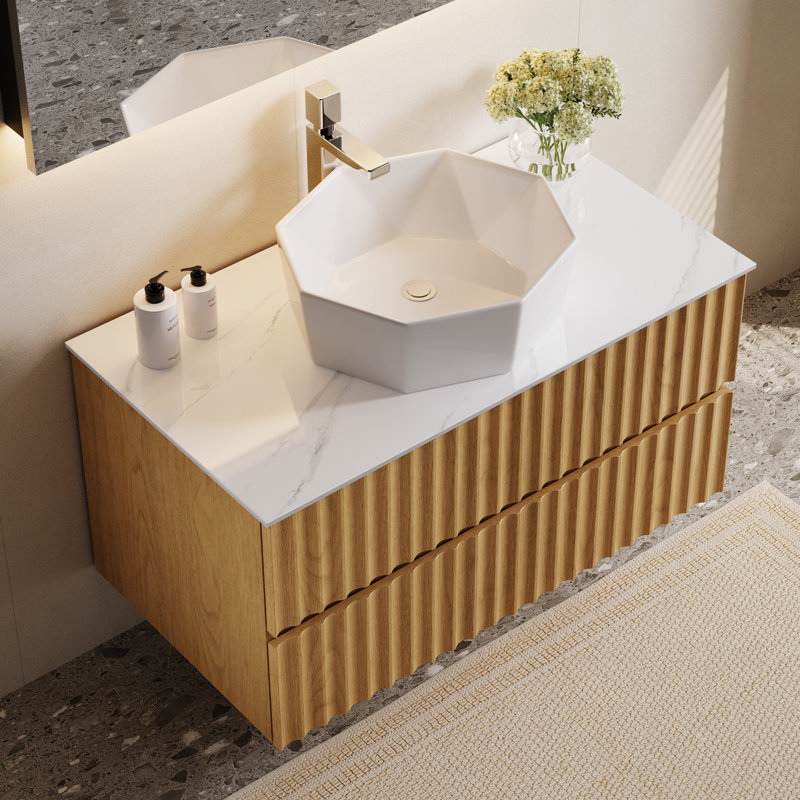 36" Floading Single Bathroom Vanities, With 2 Drawers, Glossy Sintered Stone Top, Light Wood