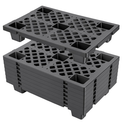 8Pcs Heavy-Duty Plastic Pallet with Ventilated Grid, Stackable & Interlocking HDPE Storage Platform, 23.6x15.8x3.9 Inches, Waterproof Anti-Slip Floor Board for Basement Warehouse Outdoor Use, Black