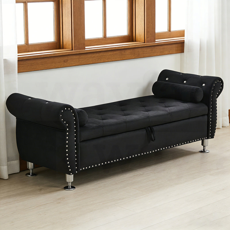 CHIRA  Black Velvet Bedroom Bench, Bed Bench with Button-Tufted Large Upholstered Storage Bench Ottoman, Black