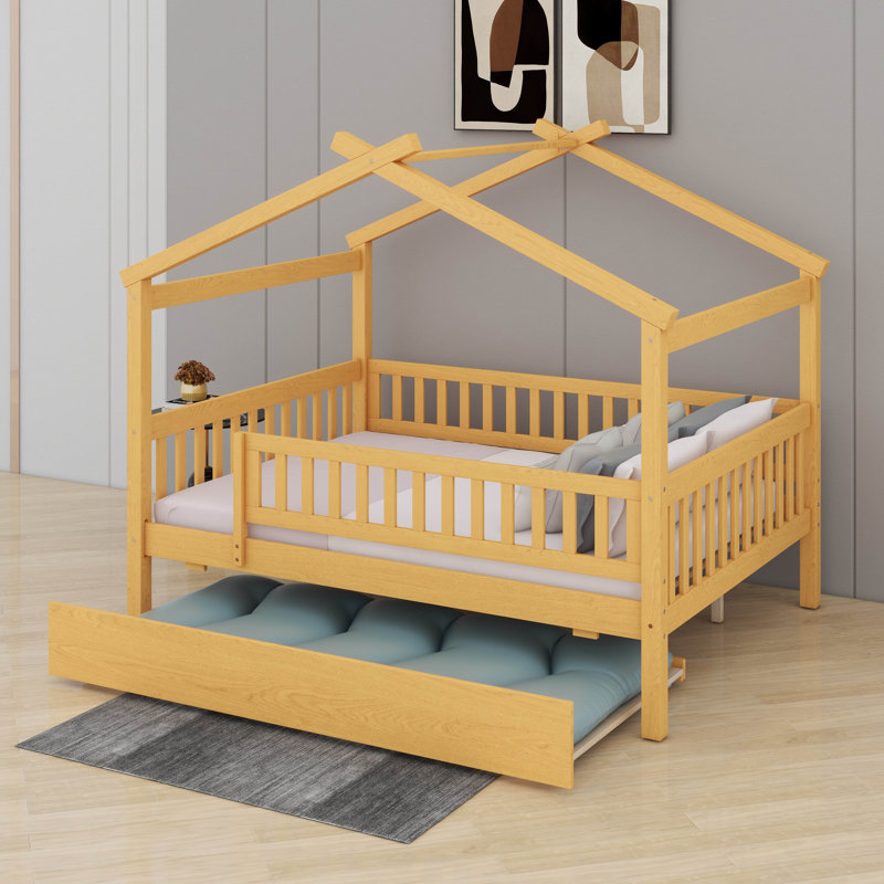 Wooden House Bed With Trundle, Wood House-Shaped Bed Frame With Roof And Safety, Natural, Full