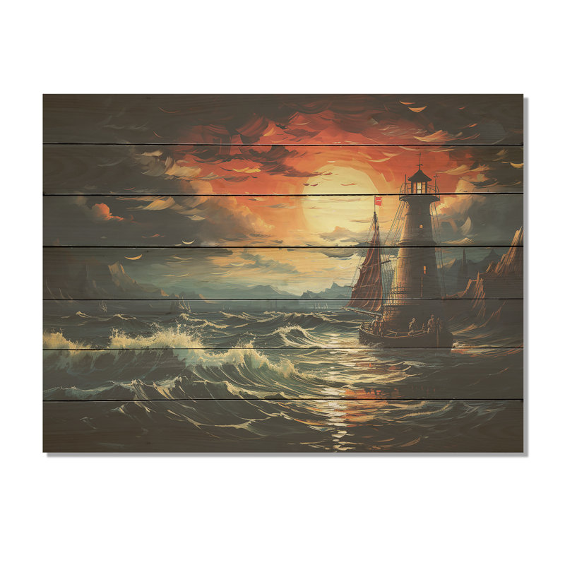 Phare sur mer orageuse IV - Phares sur bois, H 24 po x l 32 po x P 0,78 po