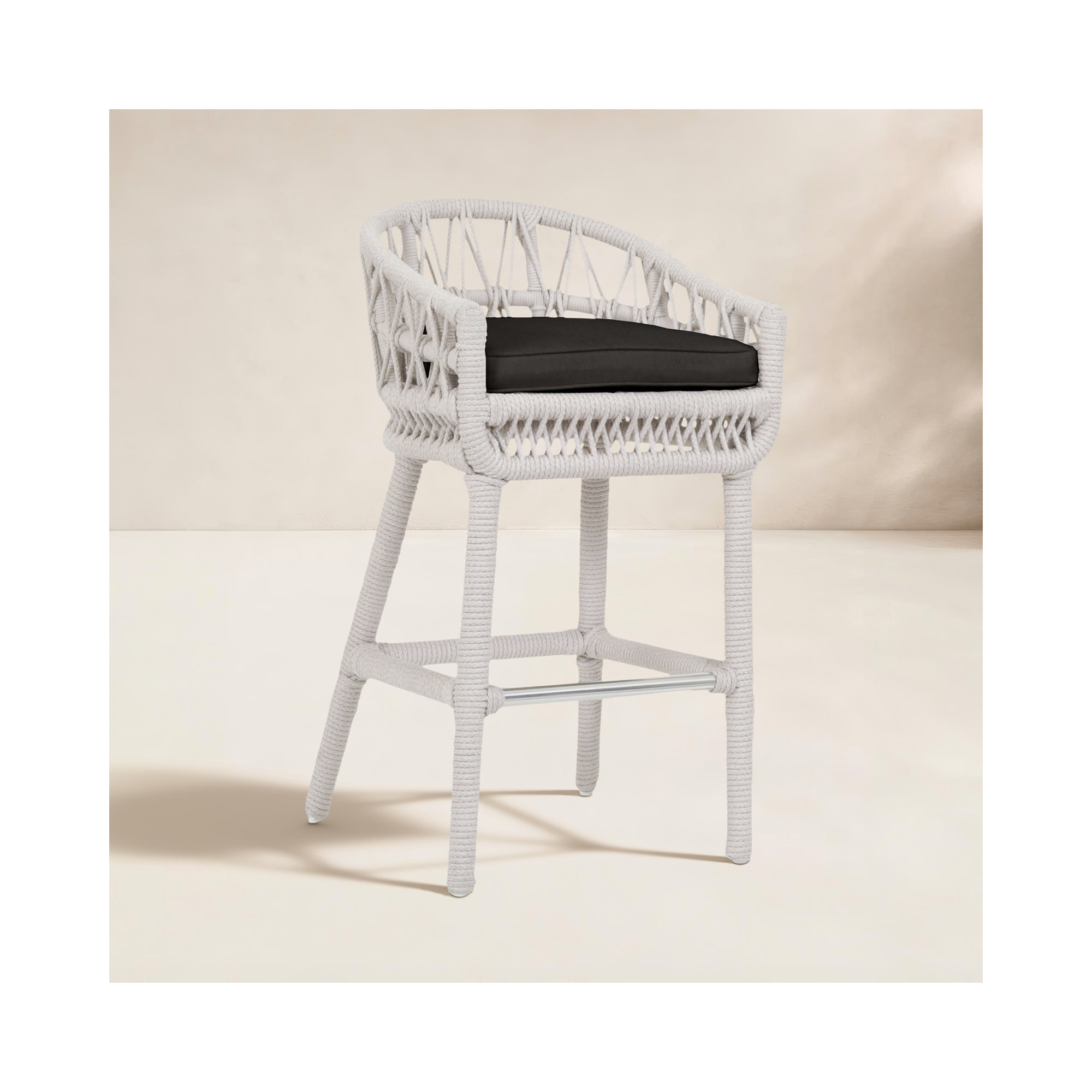Lucan 39.5'' Olefin Rope Outdoor Bar Stool with Cushion, Spectrum Carbon Sunbrella® Plainweave