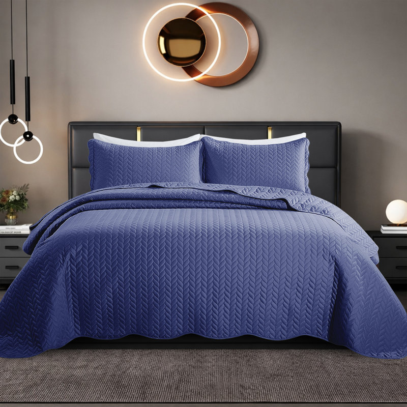 Embossed Microfiber Quilt Coverlet Set, Navy, California King ( 118 Inc x 106 Inc )