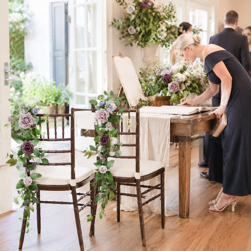 Ensemble de 2 décorations de chaises de mariage, guirlande florale artificielle de roses violettes et bleues, guirlande de fleurs retombantes de 70 cm pour la décoration d'arche ou de mur de mariage