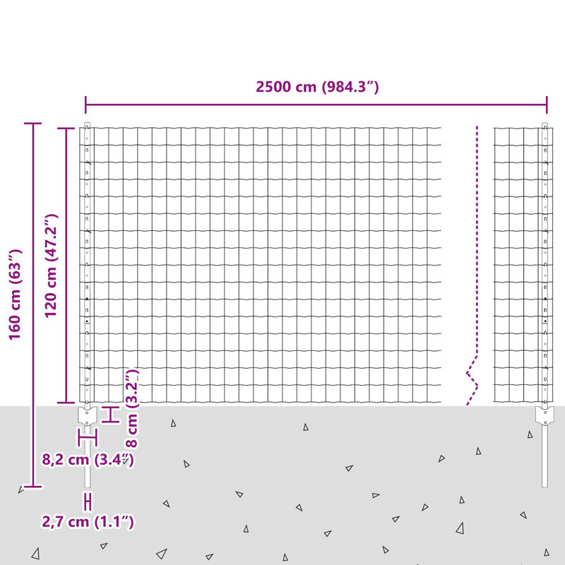 Vidaxl Fence With Posts Steel, 3.2cm H x 2500cm W x 120cm D, Grey