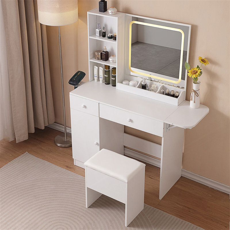 Bureau de coiffeuse avec miroir éclairé et prise de courant, luminosité réglable, espace de rangement spacieux et station de charge pour les chambres à coucher modernes