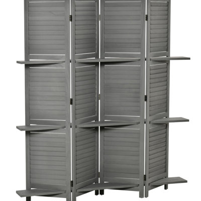 Cloisons de séparation de 1,70 m (5,6 pi), grises, avec rangement pour chambre/bureau, style rustique, en bois, 4 panneaux pliables et étagères.