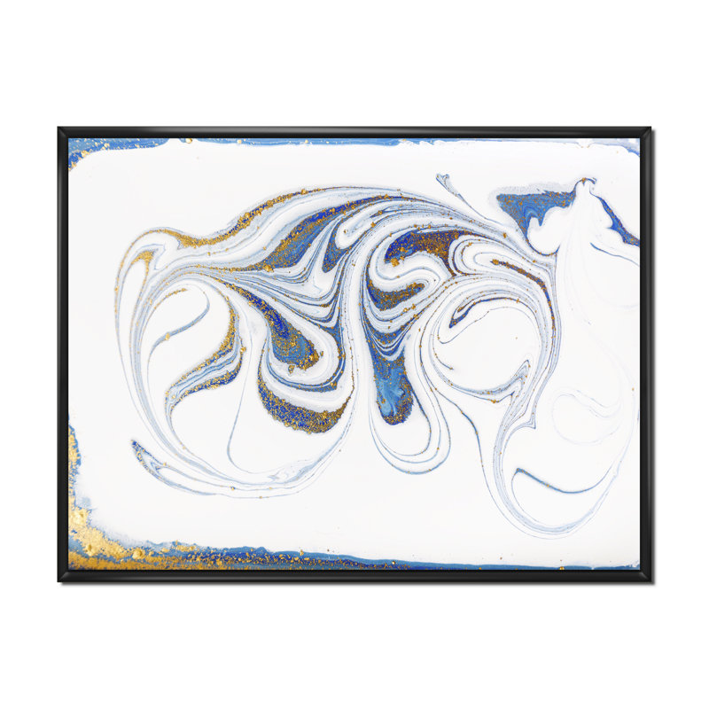 Blanc, bleu et rivières marbrées dorées - peinture sur toile, H 30 po x l 40 po, Cadre flottant noir