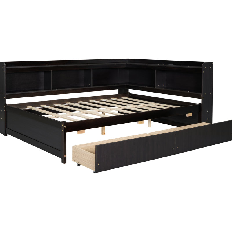Full Bed With L-Shaped Bookcase, Charging & Two Drawer Storage, Size Bookcases Drawers Charging,