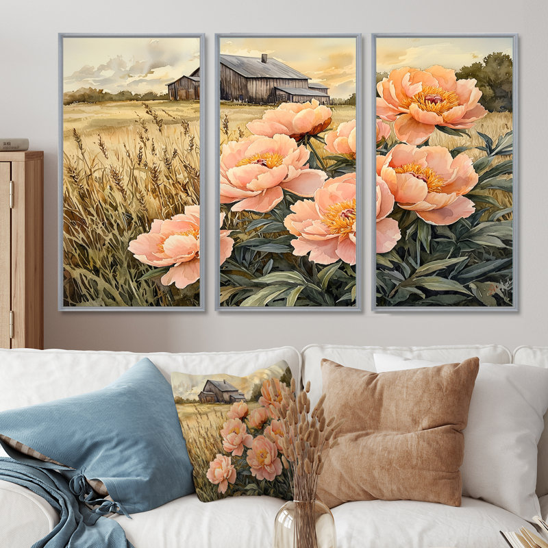 Fermes de pivoines dans le bac à grains IV - art mural pivoines pour le salon - ensemble de 3, H 40 po x l 60 po
