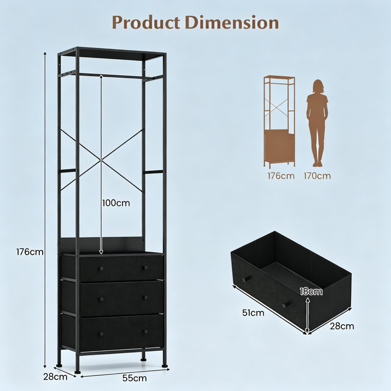 Black Freestanding Open Wardrobe Coat Stand, Heavy Duty Garment Rack with 3-Position Adjustable Hanging Rail, Storage Shelves & 3 Fabric Drawers for Entryway, Bedroom & Cloakroom
