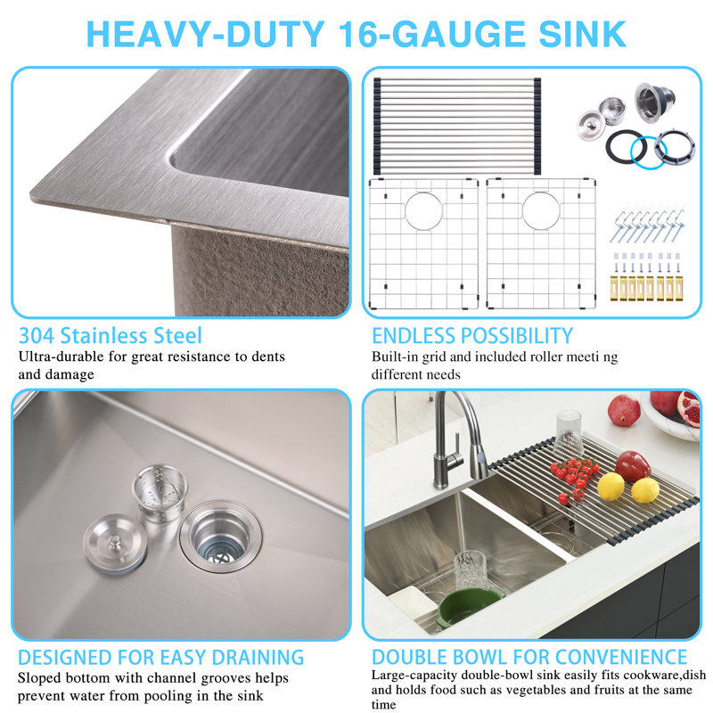 Évier de cuisine 33 po à double cuve encastrable / encastrable en acier inoxydable 304 brossé de calibre 16 avec accessoires