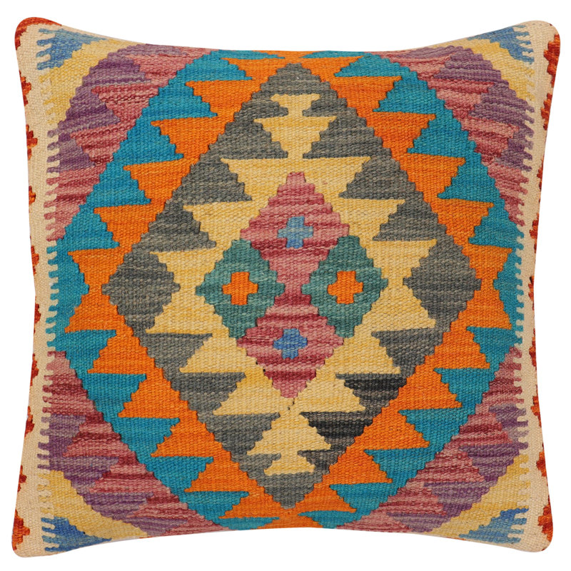 Coussin rustique en kilim tissé à la main Wilkie, H 19 po x l 20 po, Rouille / bleu / gris / rouge