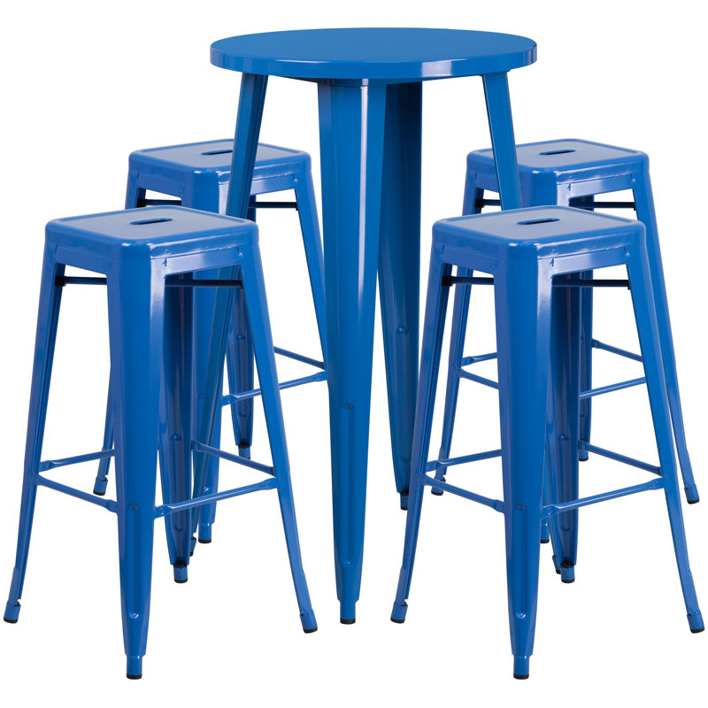 Colbert 30'' Round Metal Indoor-Outdoor Bar Table Set with 4 Square Seat Backless Stools, Blue, 41" H x 24" W x 24" L